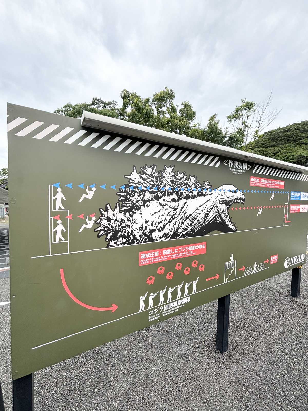 ゴジラ立て看板 ニジゲンノモリ ゴジラ迎撃作戦～国立ゴジラ淡路島研究センター～:世界